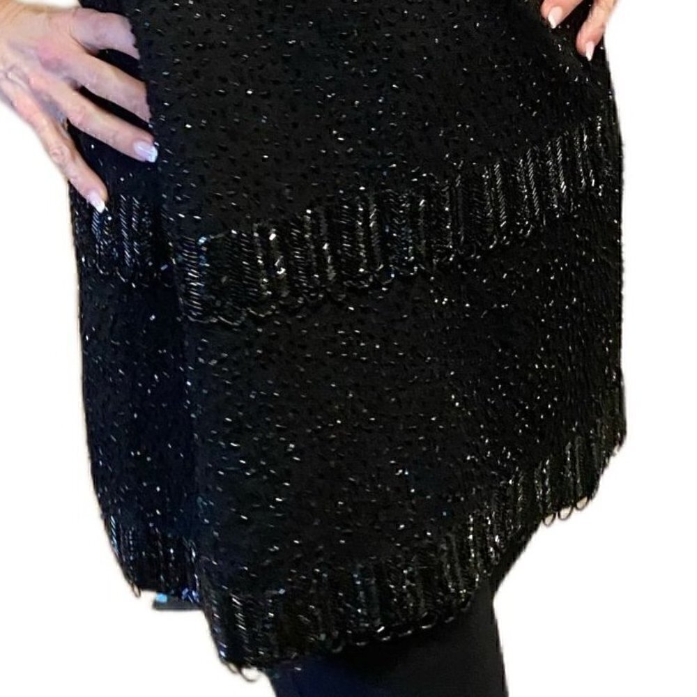 Vintage 60s Dress Tunic Voguemont Black Wool Beaded Drop waist sleeveless S/M